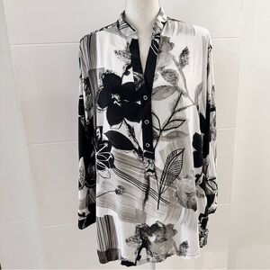 Jams World Black White Gray Abstract Floral Tunic Top SZ XL Minimalist USA Made